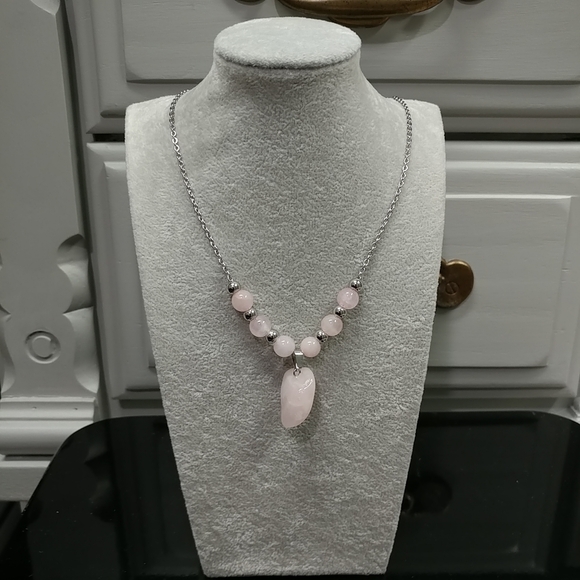 Rose Quartz Necklace Natural Gemstone Crystal Pendant Stainless-Steel Chain - Picture 15 of 16